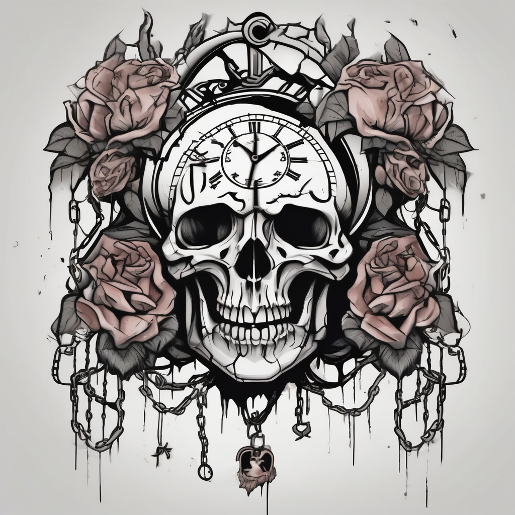 tattoo fool sleeve, tree roots break out of the chains, broken mask, clock with flying numbers, girl and skull, roses hello kitty tattoo, design de tatouage Cartoon généré par IA